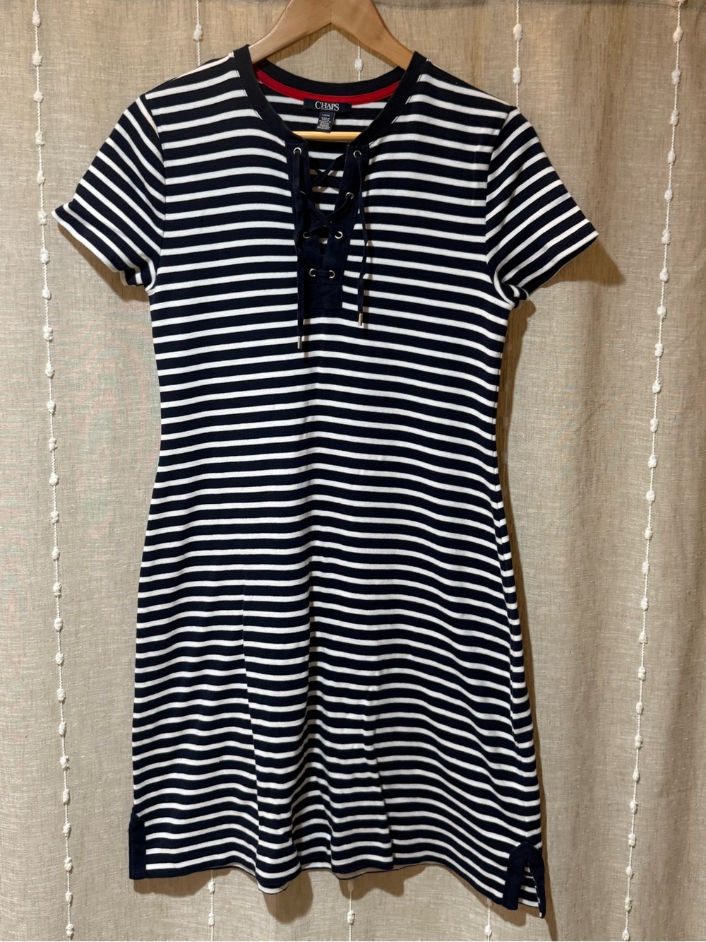 Chaps Navy and White Striped Lace-Up Short Sleeve Dress